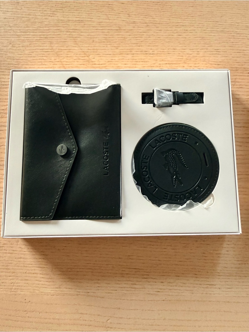 LACOSTE Travel set: Passport holder & baggage luggage tag Forest Green Leather